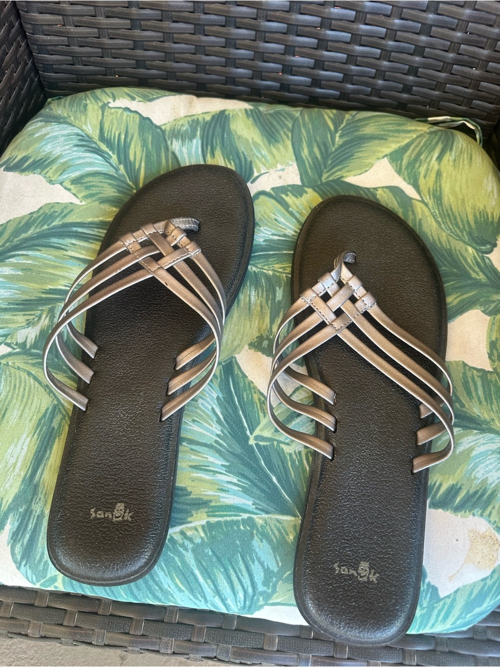 Sanuk Women's Black Footbed Slide Sandals with Silver Strappy Upper